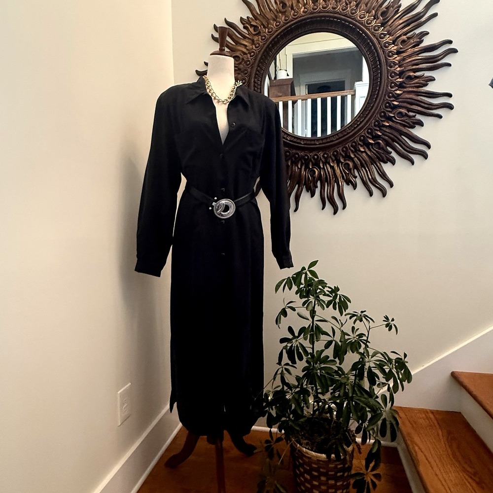 Vintage Liz Claiborne Women's Size 14 100% Silk Shirt Dress Black Long Midi
